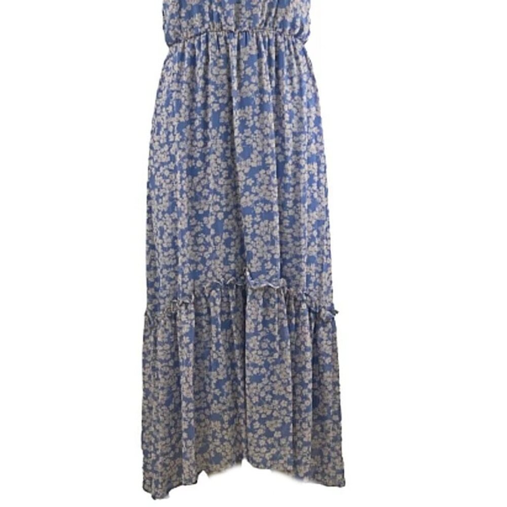 Lush Sky Blue Floral Tiered Ankle Dress | Elastic Waist Sleeveless Halter - S - Picture 5 of 7